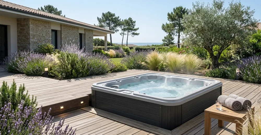 Une vue d'ensemble d'un spa de luxe (type Utopia) parfaitement encastré dans une terrasse en bois, entourée de plantes méditerranéennes et d'un éclairage doux, montrant l'intégration réussie et la valorisation du patrimoine.