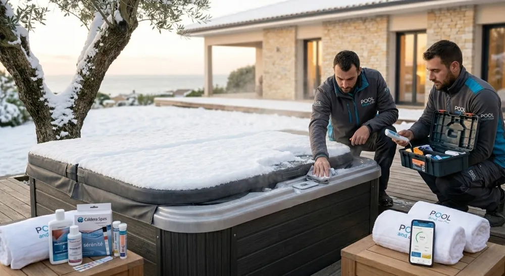 Une image montrant un propriétaire manipulant facilement une couverture thermique de haute qualité sur un spa Caldera, avec un petit kit d'entretien (brome/bandelettes) posé à côté, pour illustrer la maîtrise des coûts de fonctionnement.