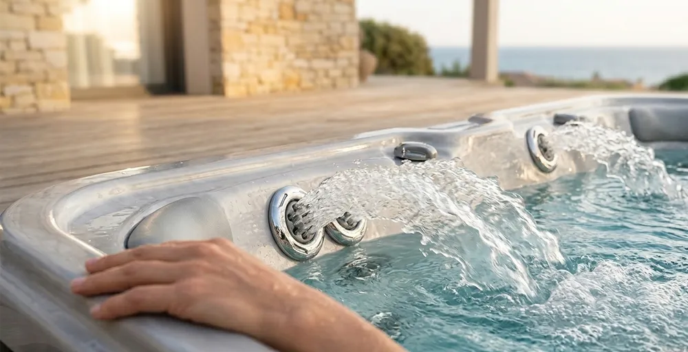 L'Hydrothérapie de Précision, plan serré et apaisant sur les jets de massage en action dans une eau cristalline, avec une main reposant sur la coque en acrylique renforcé, soulignant la qualité du matériel et l'expérience de bien-être.