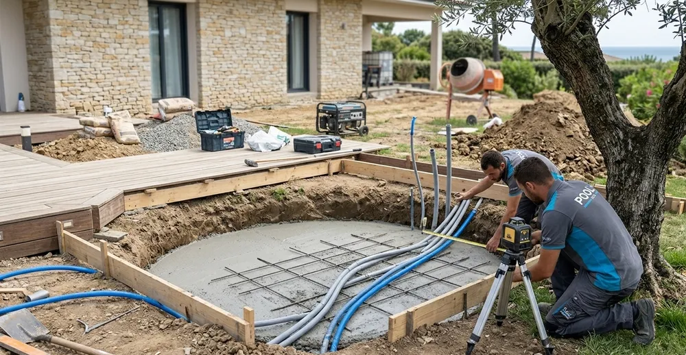 Une photo "en coulisse" montrant une dalle de béton armé fraîchement coulée, avec les fourreaux électriques en attente et une équipe de techniciens Pool and Co vérifiant le niveau, illustrant le coût et la préparation de l'installation.