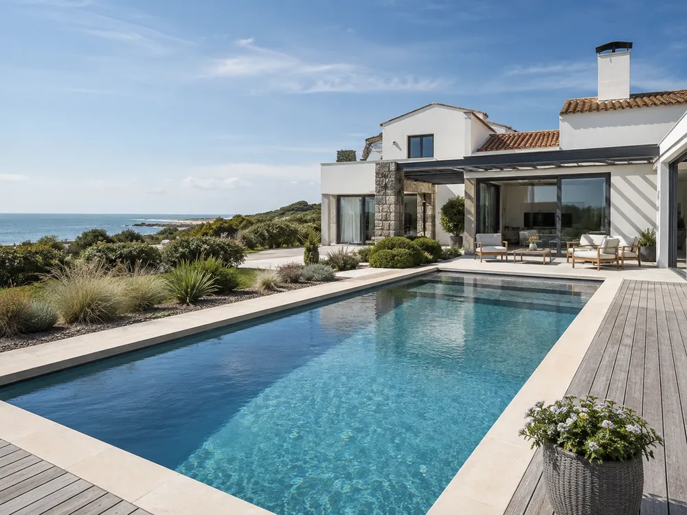 Piscine sur mesure haut de gamme devant une villa contemporaine en Vendée