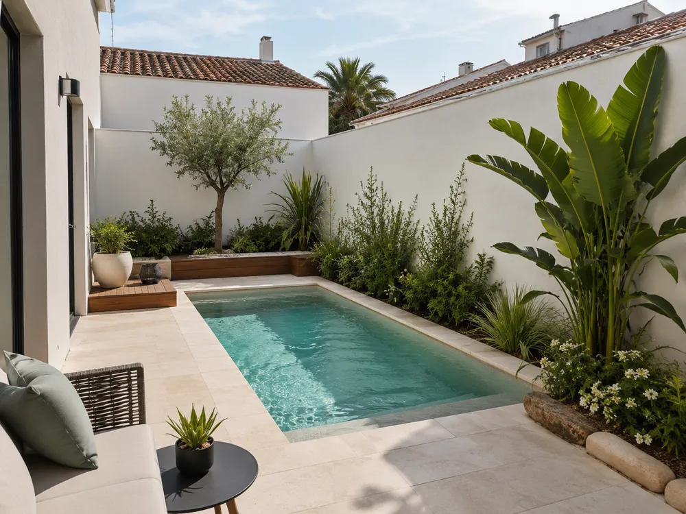 Petite piscine rectangulaire intégrée dans une cour de jardin en Vendée