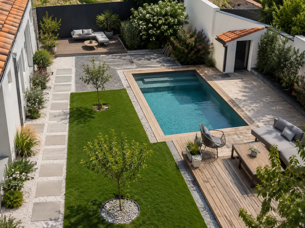 Petit jardin aménagé avec piscine compacte, terrasse bois et espace détente